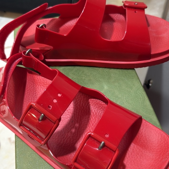 Gucci Shoes - Gucci Vibrant Red Buckle Slides